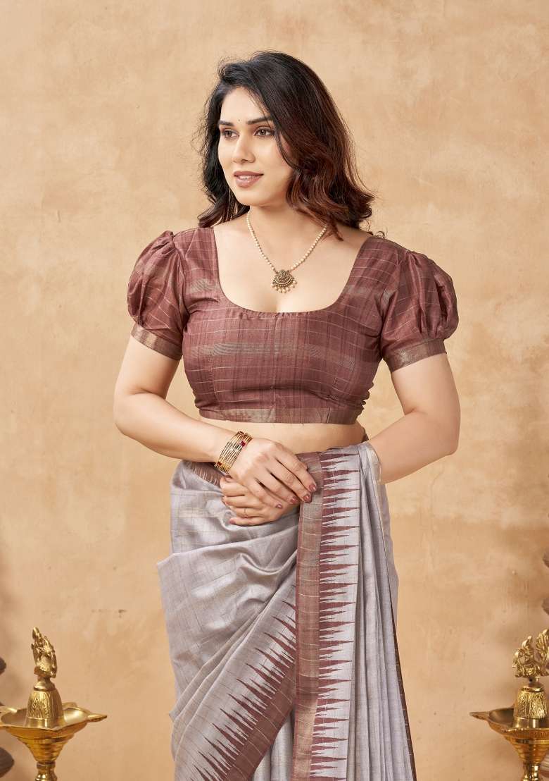 Light Grey Printed Silk Saree Set - Indya