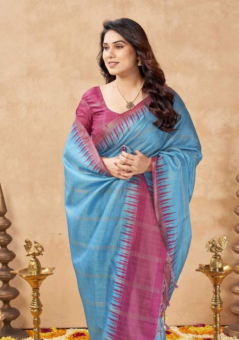Sky Blue Printed Silk Saree Set - Indya