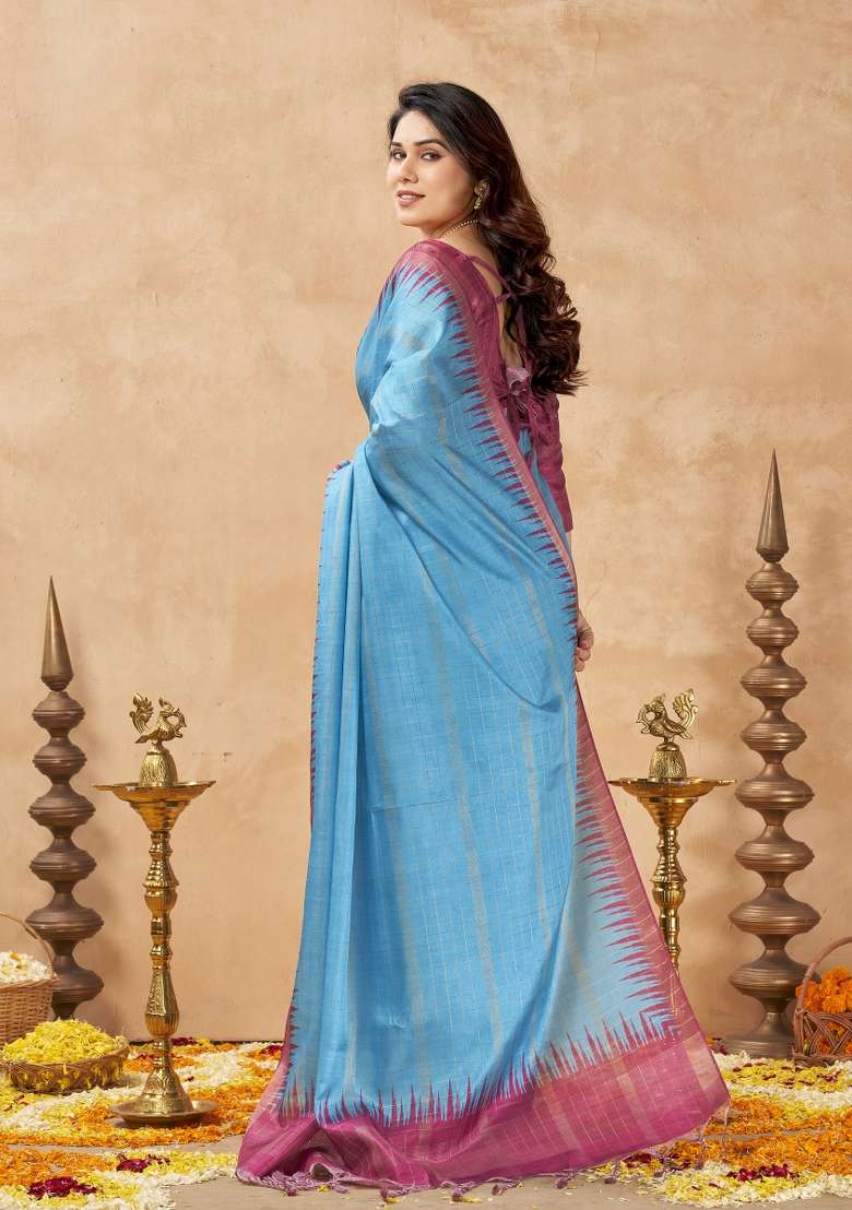 Sky Blue Printed Silk Saree Set - Indya