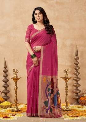 Pink Printed Linen Saree Set