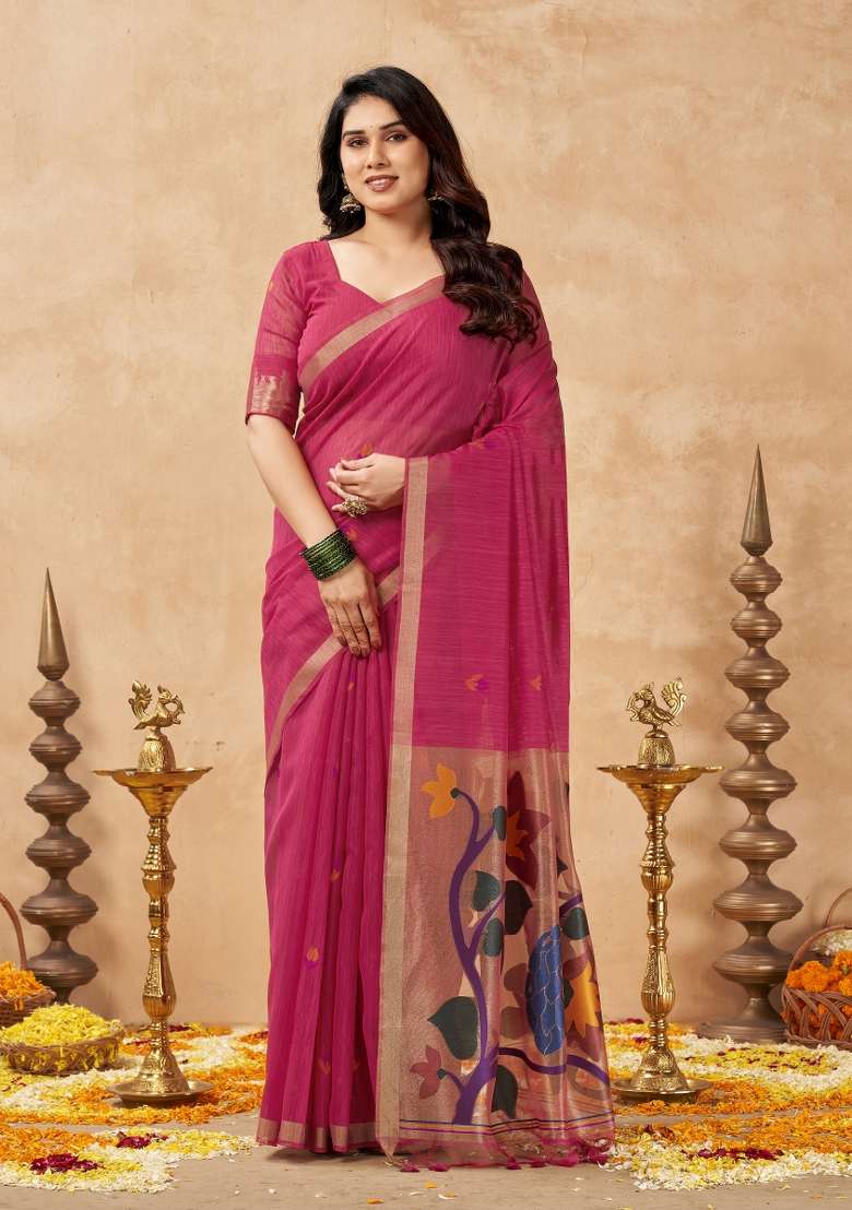 Pink Printed Linen Saree Set - Indya