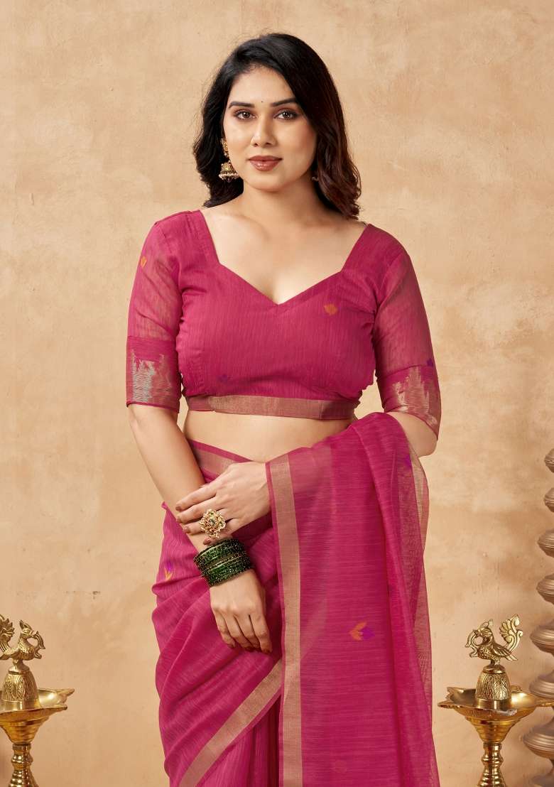 Pink Printed Linen Saree Set - Indya