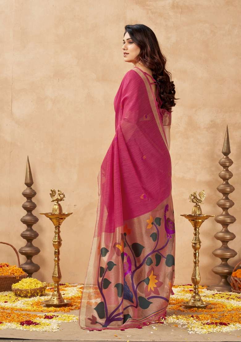 Pink Printed Linen Saree Set - Indya