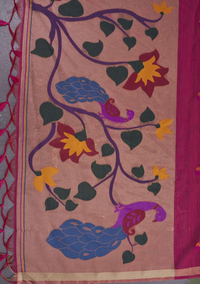 Pink Printed Linen Saree Set - Indya
