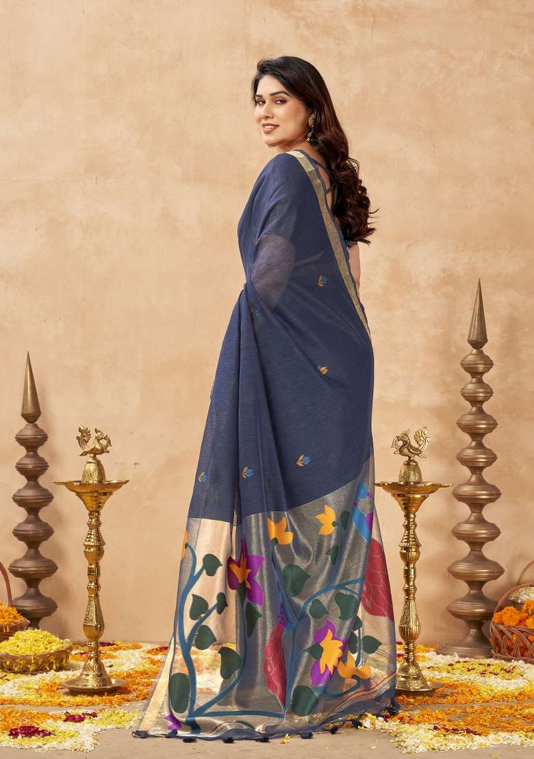 Blue Printed Linen Saree Set - Indya