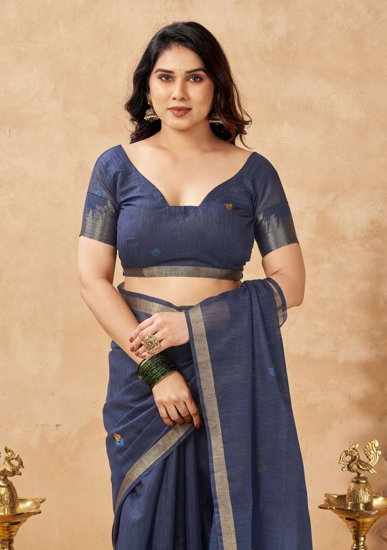 Blue Printed Linen Saree Set - Indya