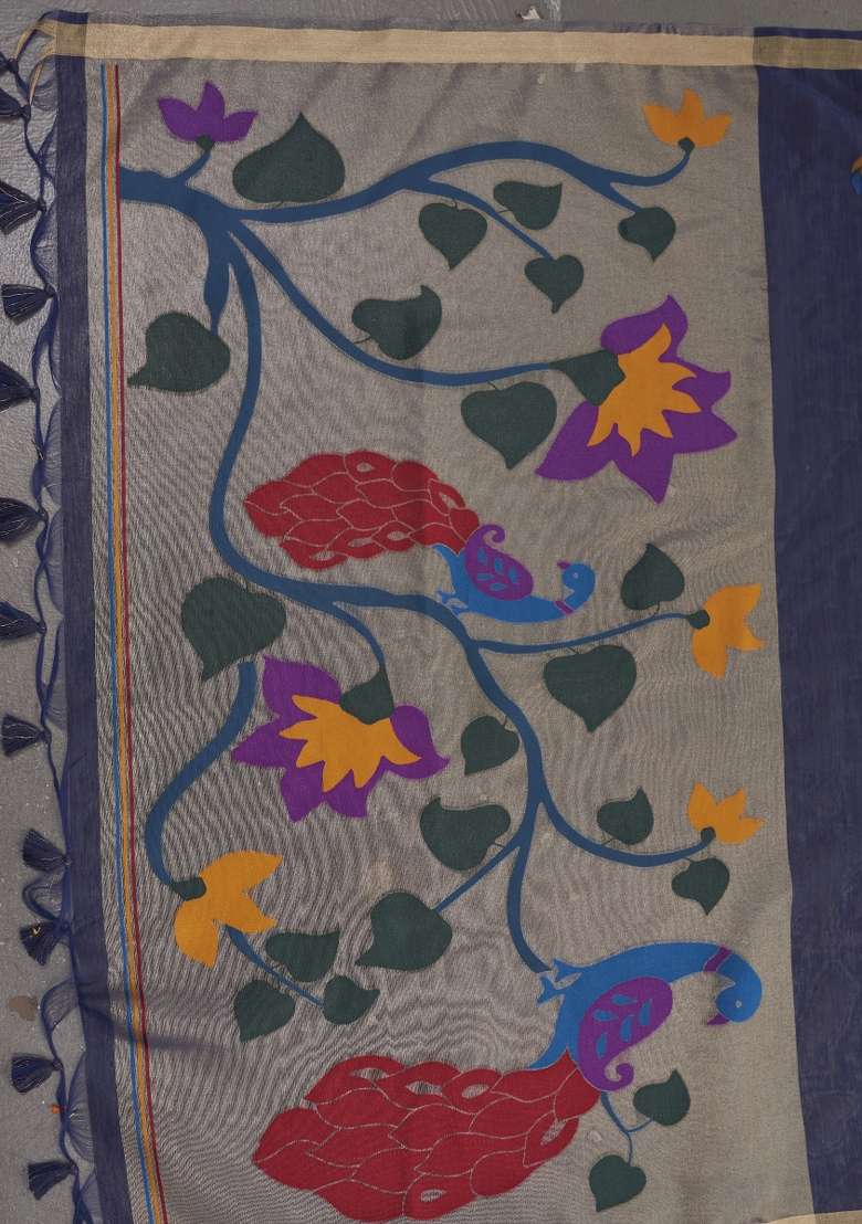 Blue Printed Linen Saree Set - Indya