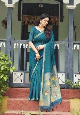 Teal Blue Printed Linen Saree Set