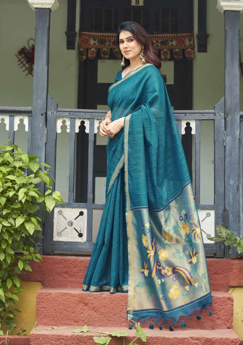 Teal Blue Printed Linen Saree Set - Indya