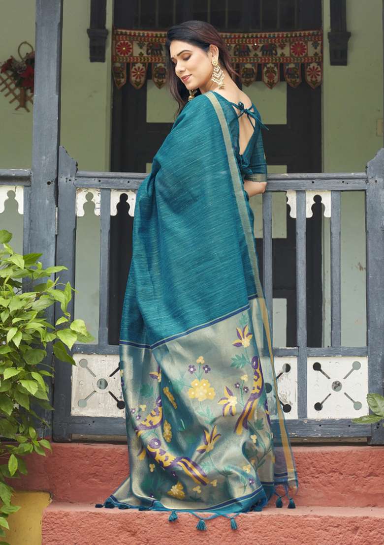 Teal Blue Printed Linen Saree Set - Indya
