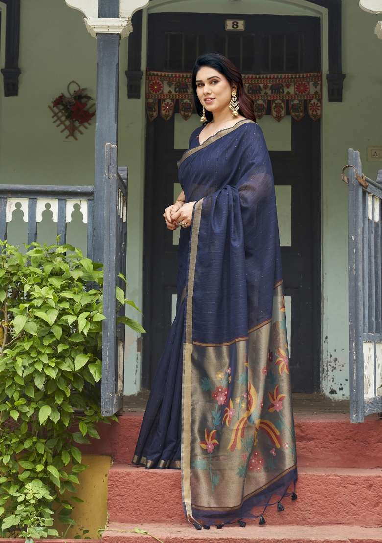 Blue Printed Linen Saree Set - Indya