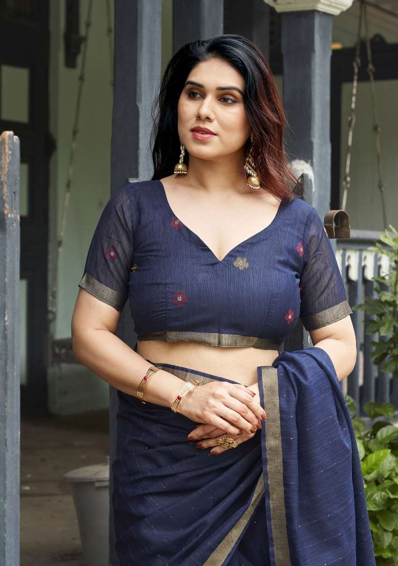 Blue Printed Linen Saree Set - Indya