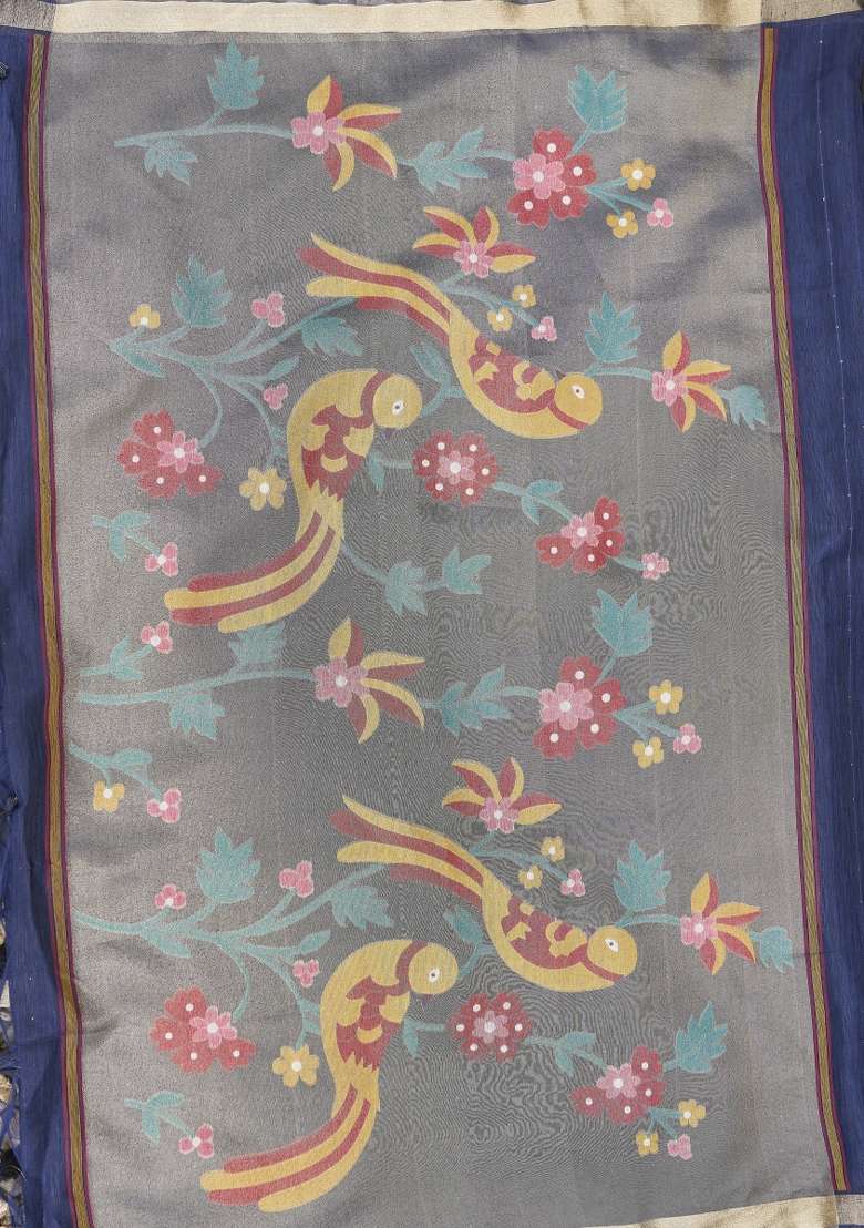 Blue Printed Linen Saree Set - Indya