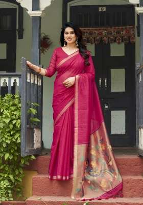 Pink Printed Linen Saree Set