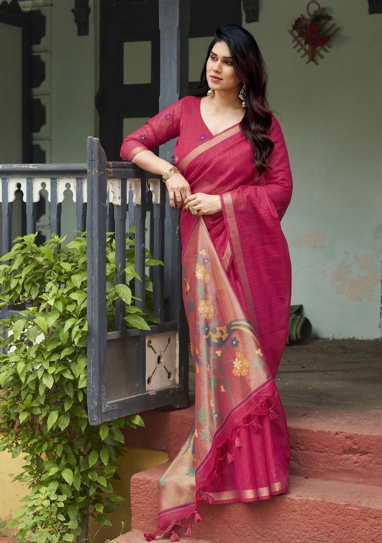 Pink Printed Linen Saree Set - Indya