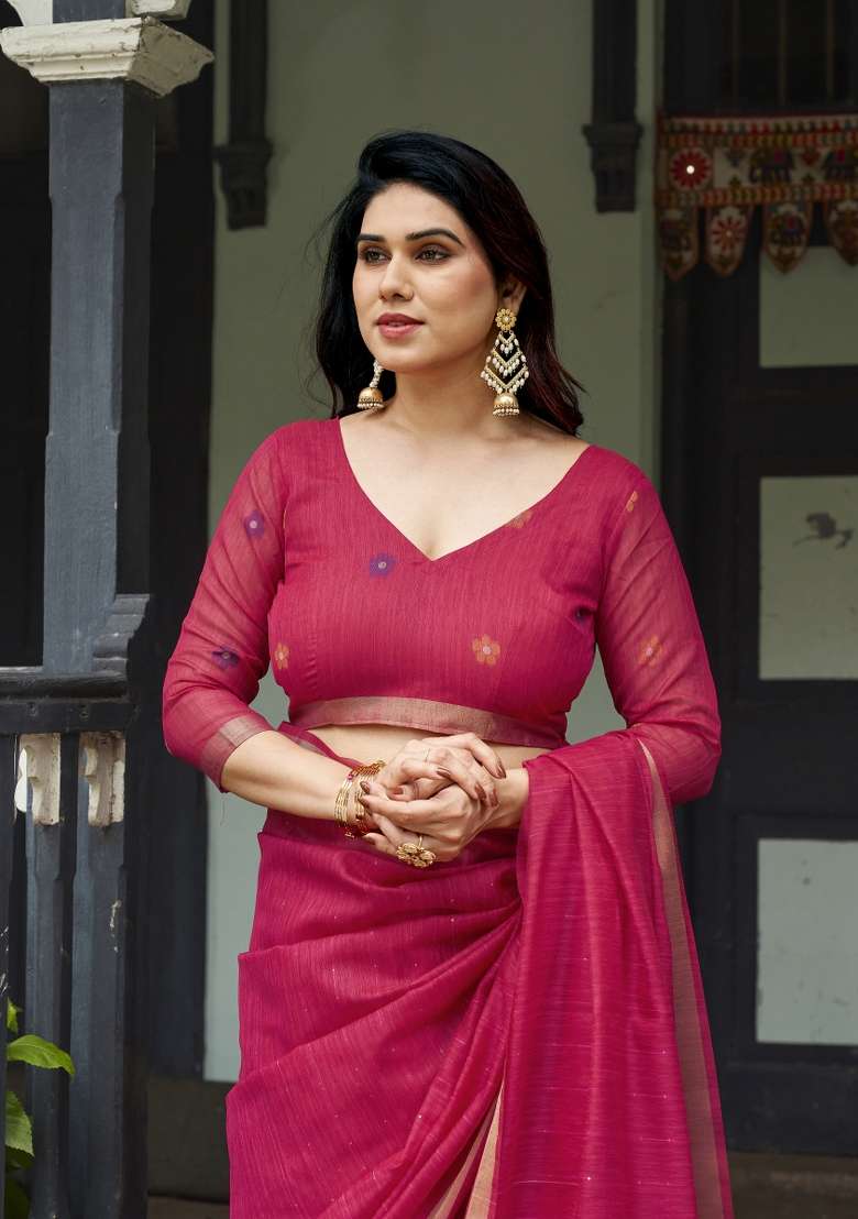 Pink Printed Linen Saree Set - Indya