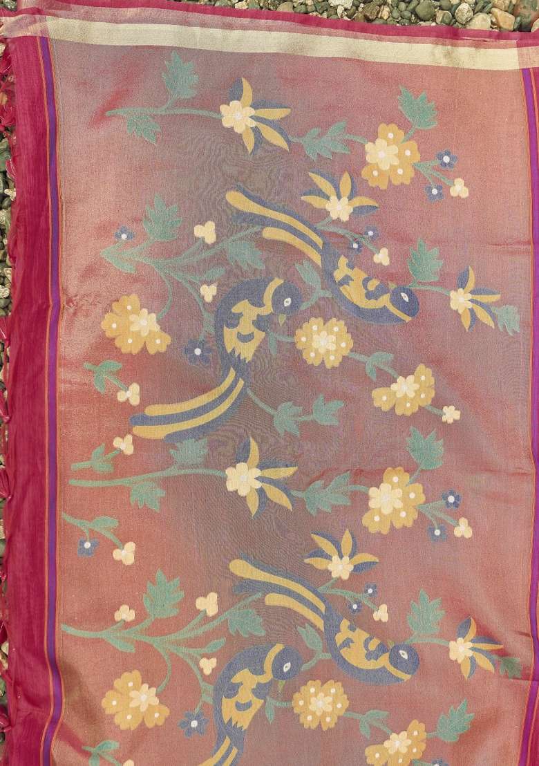 Pink Printed Linen Saree Set - Indya