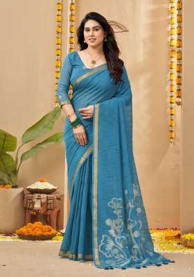 Blue Printed Linen Saree Set