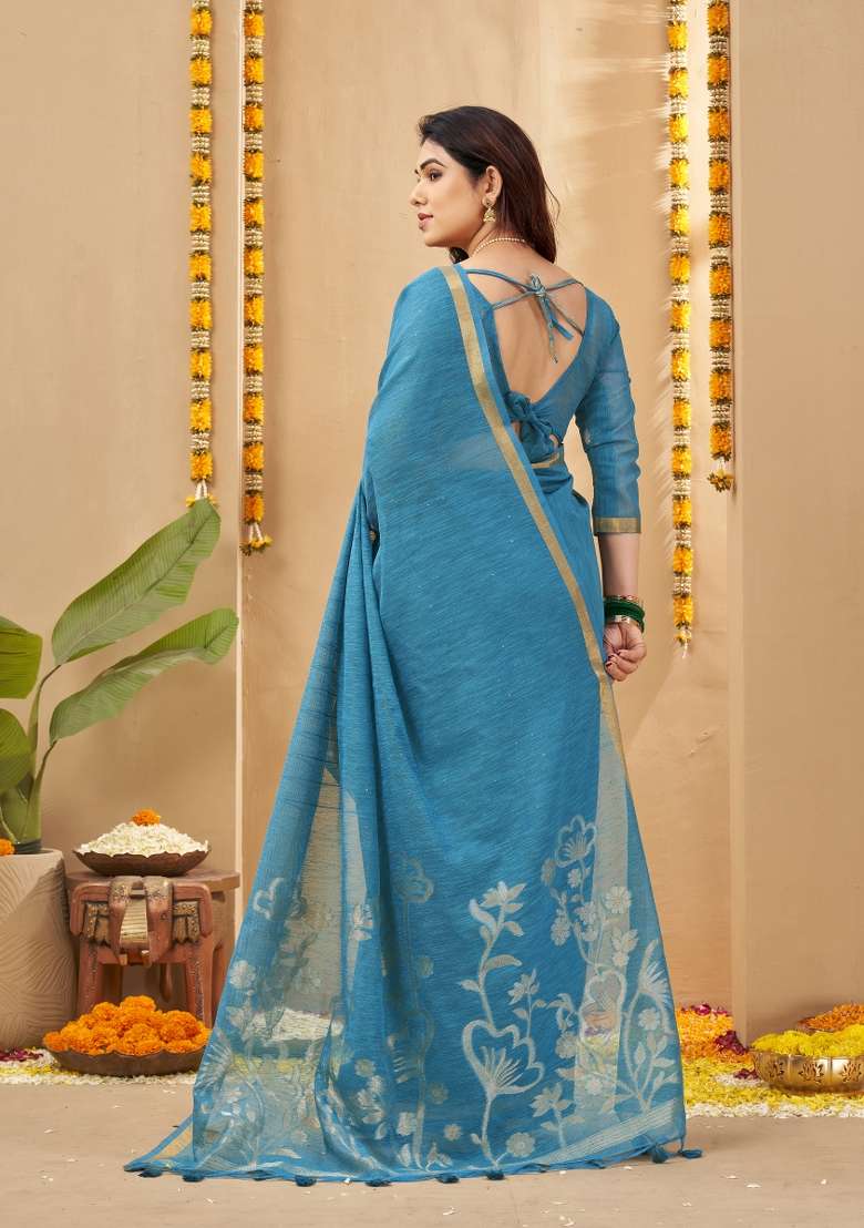 Blue Printed Linen Saree Set - Indya