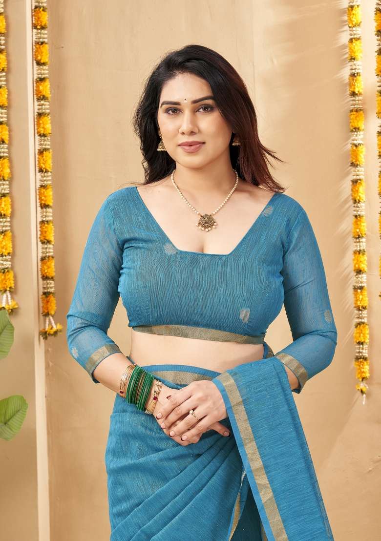 Blue Printed Linen Saree Set - Indya