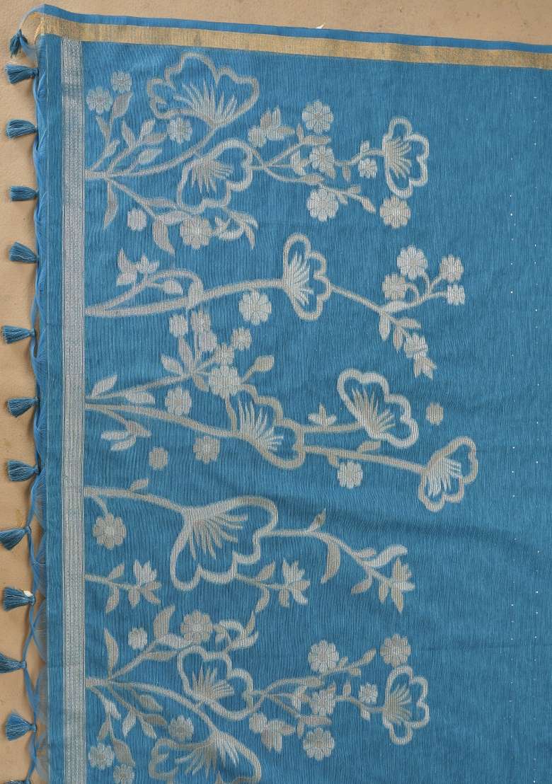 Blue Printed Linen Saree Set - Indya
