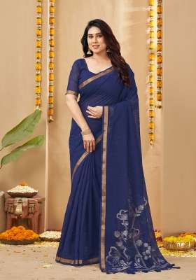 Blue Printed Linen Saree Set