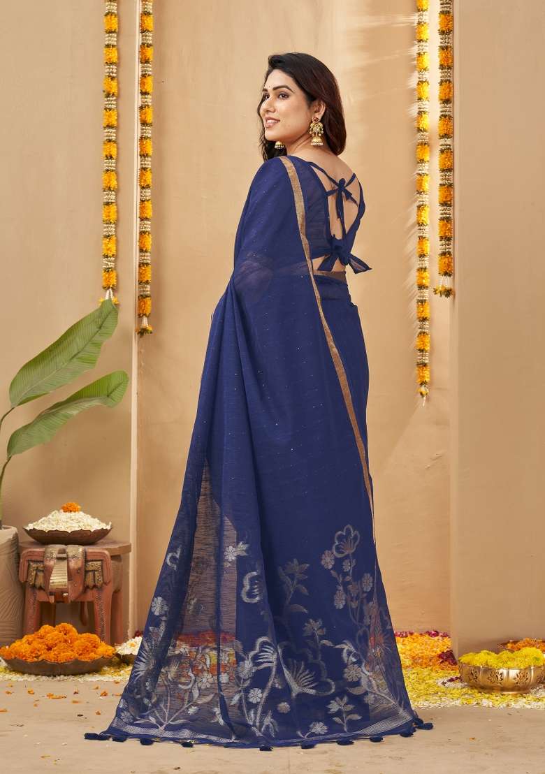 Blue Printed Linen Saree Set - Indya