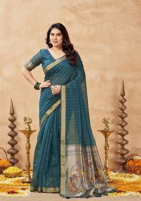 Teal Green Printed Cotton Saree Set