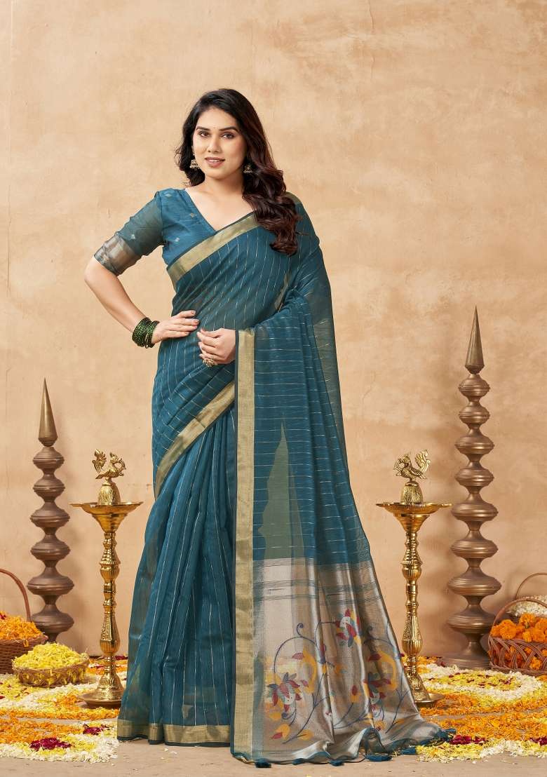 Teal Green Printed Cotton Saree Set - Indya