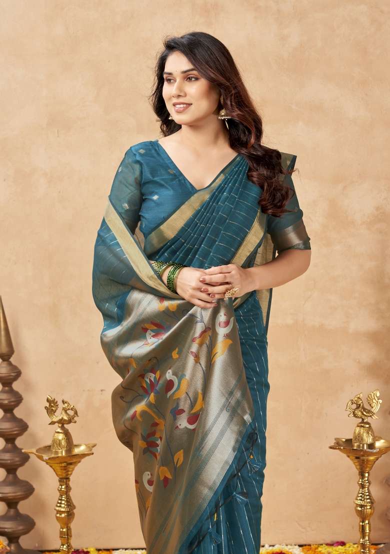 Teal Green Printed Cotton Saree Set - Indya