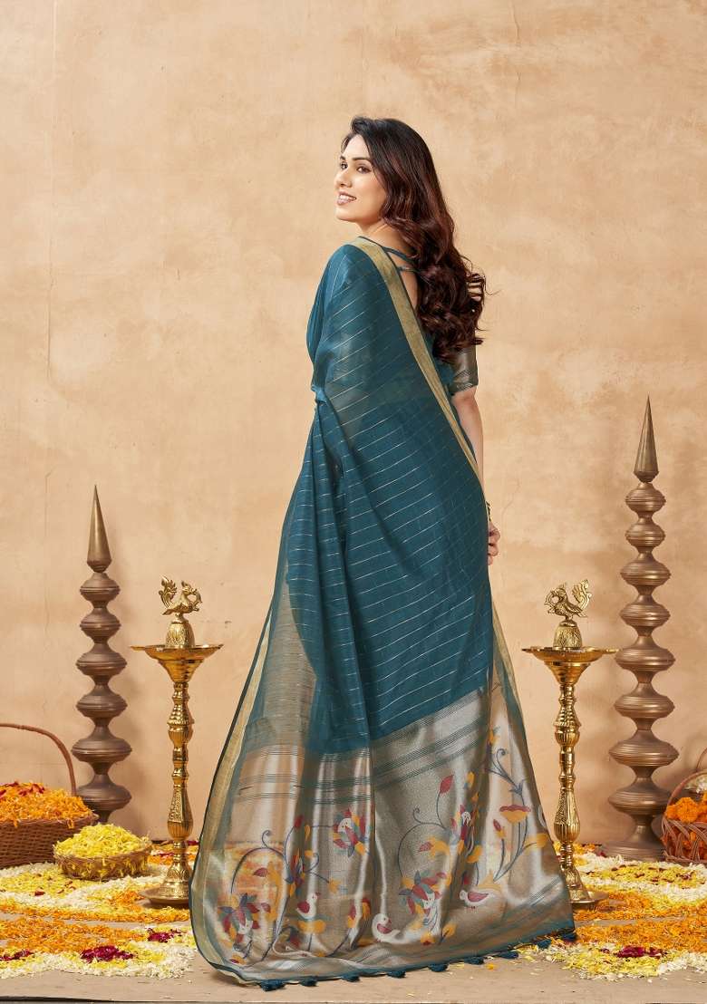 Teal Green Printed Cotton Saree Set - Indya