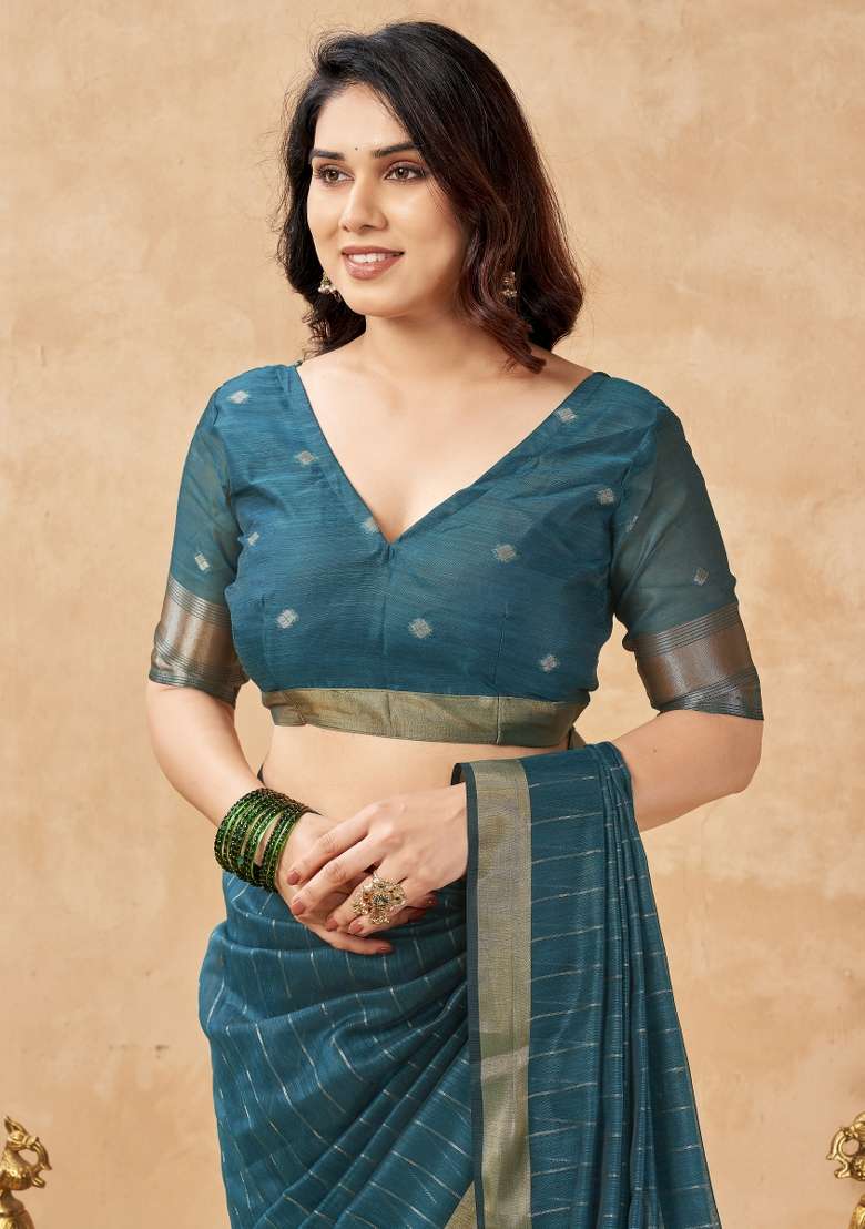 Teal Green Printed Cotton Saree Set - Indya