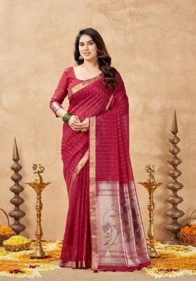 Red Printed Cotton Saree Set