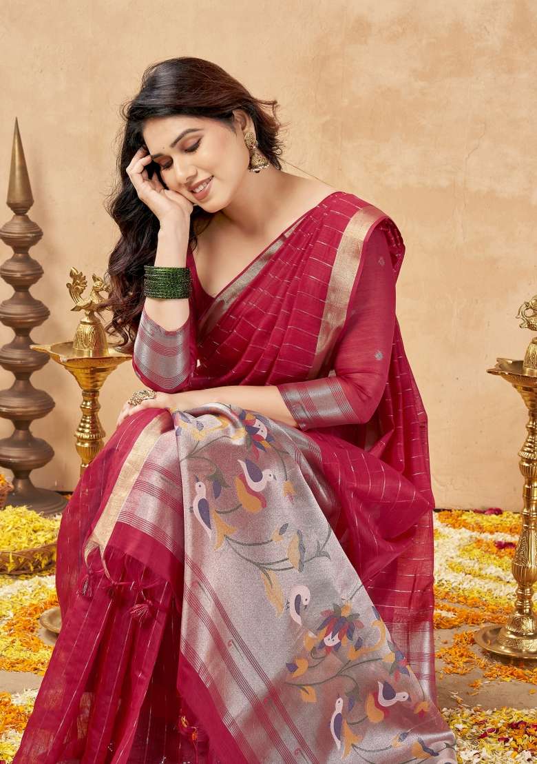 Red Printed Cotton Saree Set - Indya