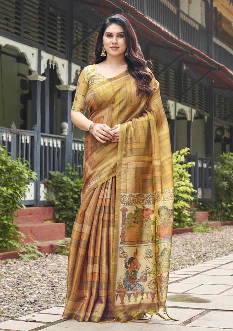 Beige Printed Silk Saree Set - Indya