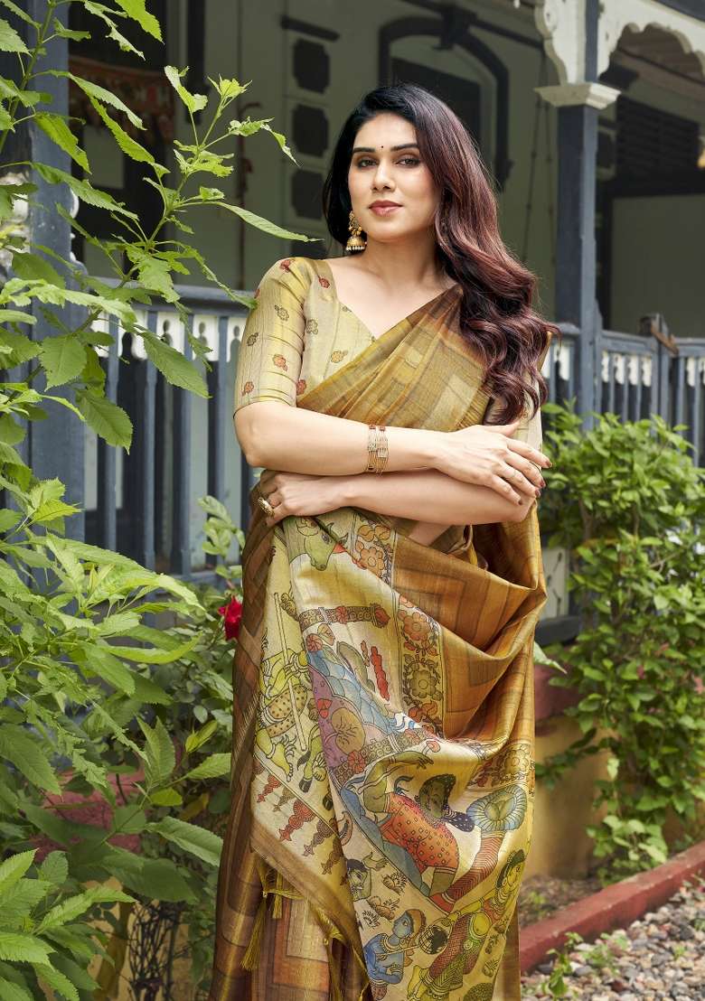 Beige Printed Silk Saree Set - Indya