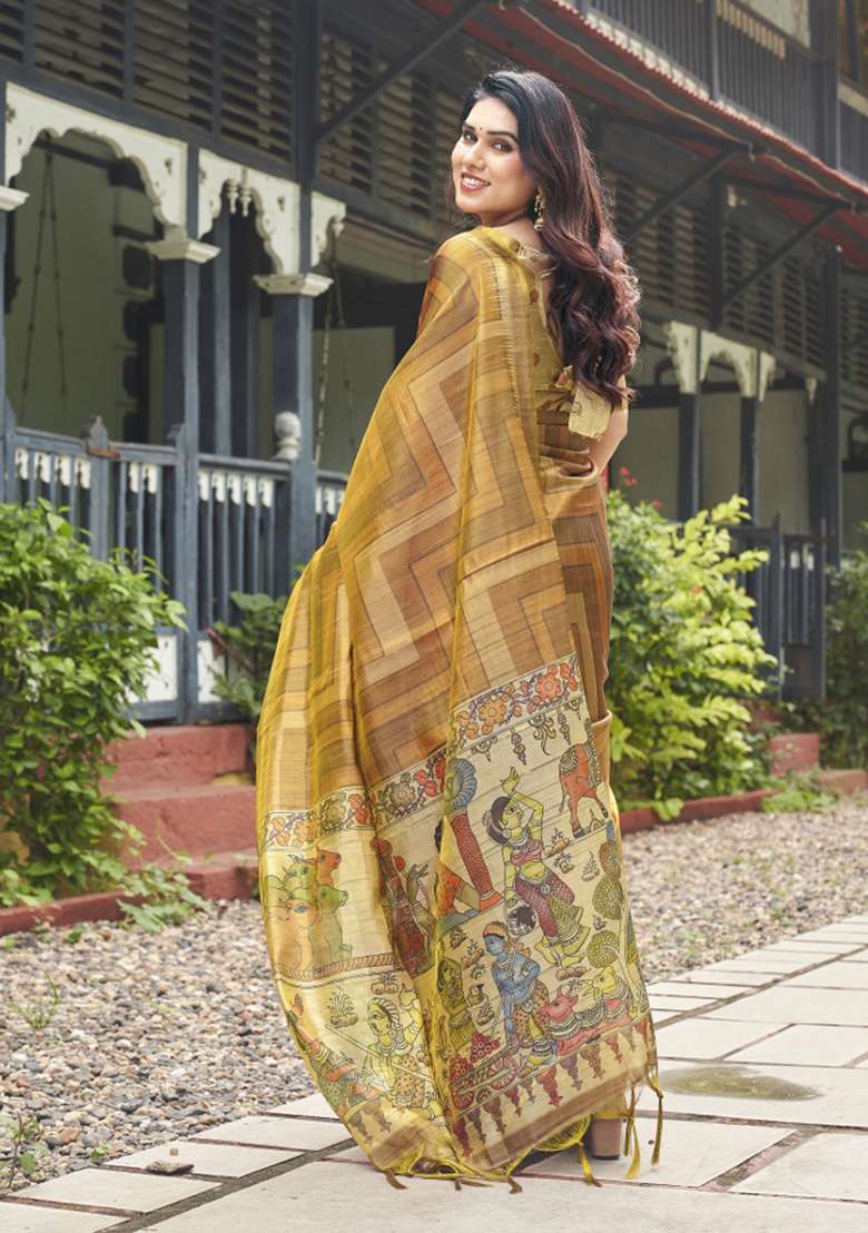 Beige Printed Silk Saree Set - Indya