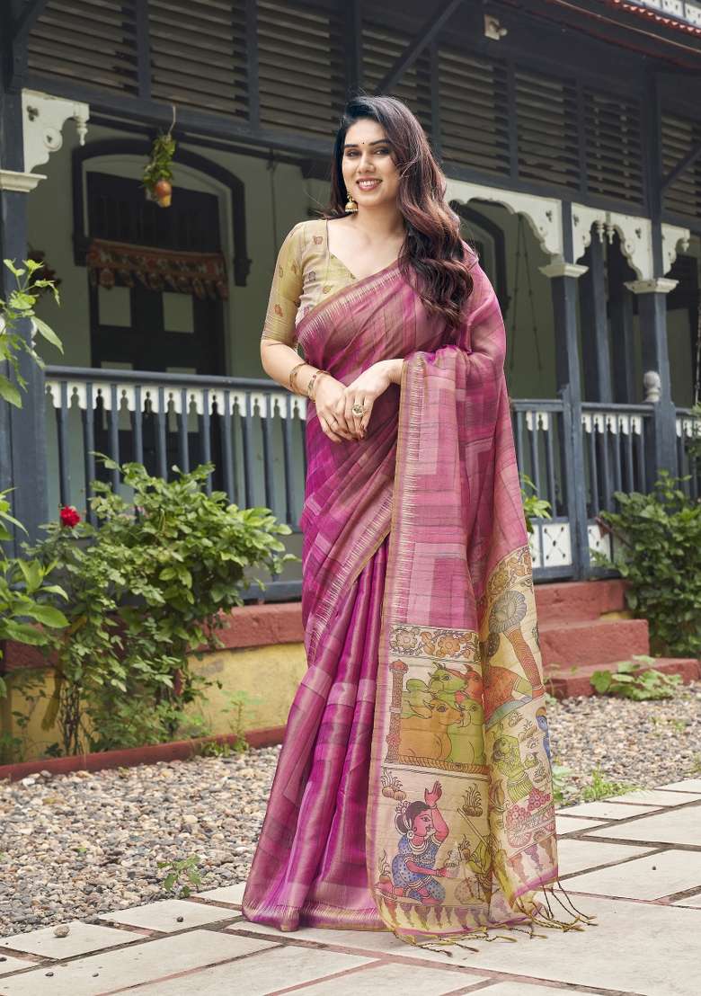 Onion Pink Printed Silk Saree Set - Indya
