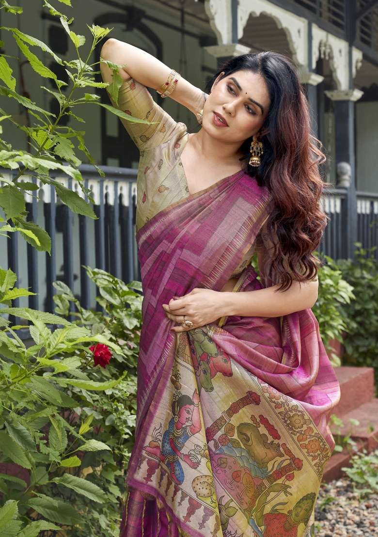 Onion Pink Printed Silk Saree Set - Indya