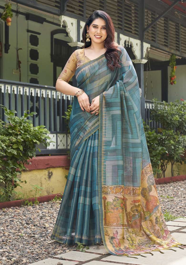 Teal Blue Printed Silk Saree Set - Indya