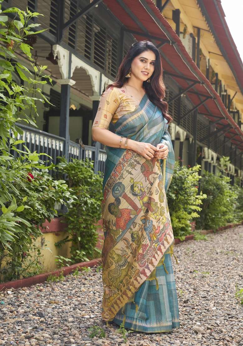 Teal Blue Printed Silk Saree Set - Indya