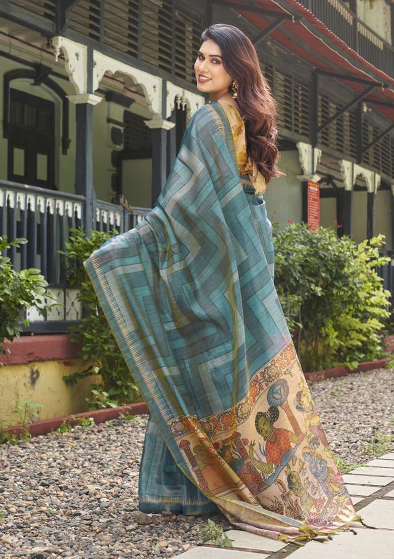 Teal Blue Printed Silk Saree Set - Indya