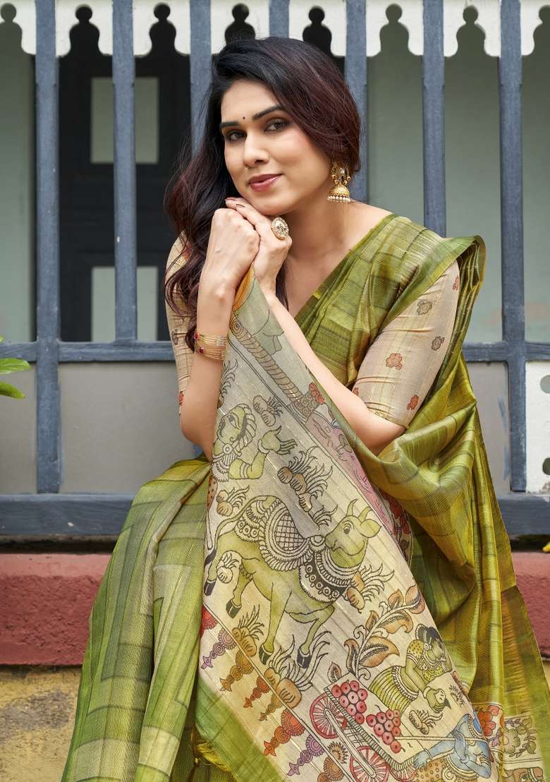 Mehendi Green Printed Silk Saree Set - Indya