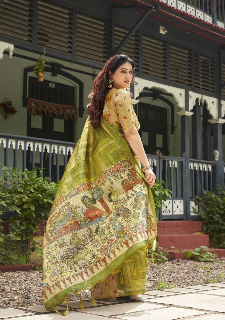 Mehendi Green Printed Silk Saree Set - Indya