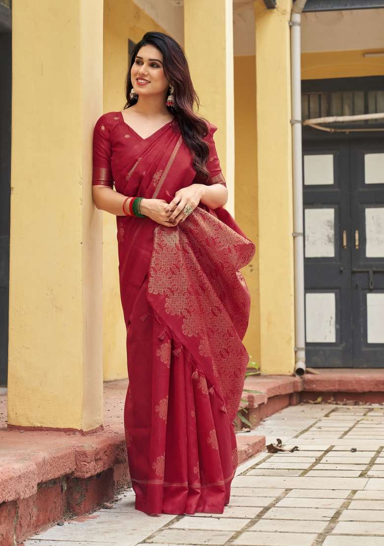 Red Printed Silk Saree Set - Indya
