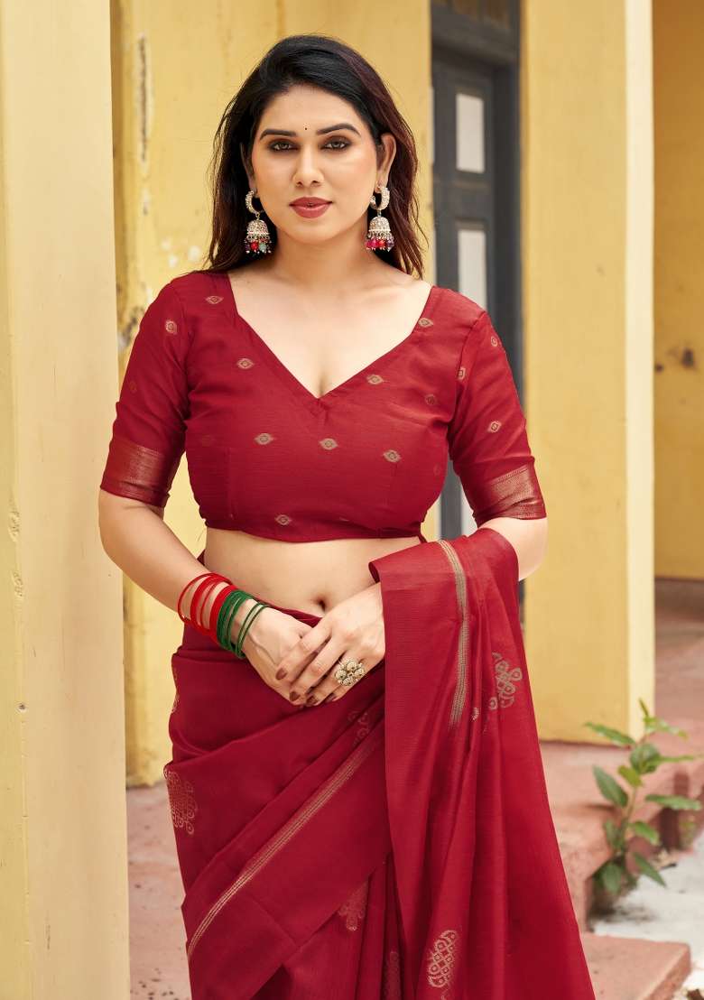 Red Printed Silk Saree Set - Indya