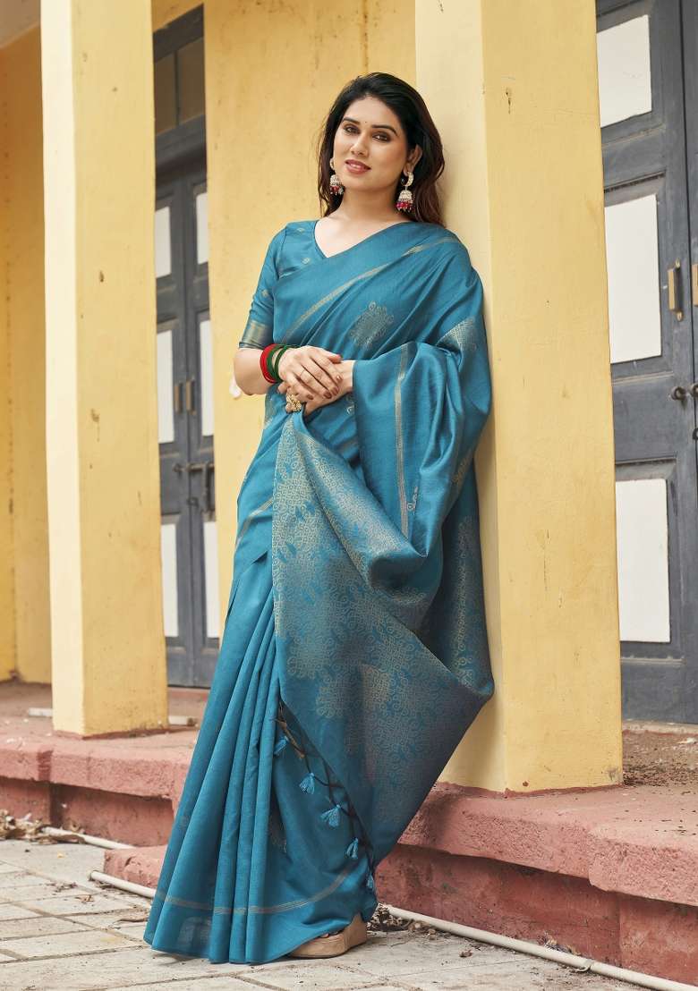 Teal Blue Printed Silk Saree Set - Indya