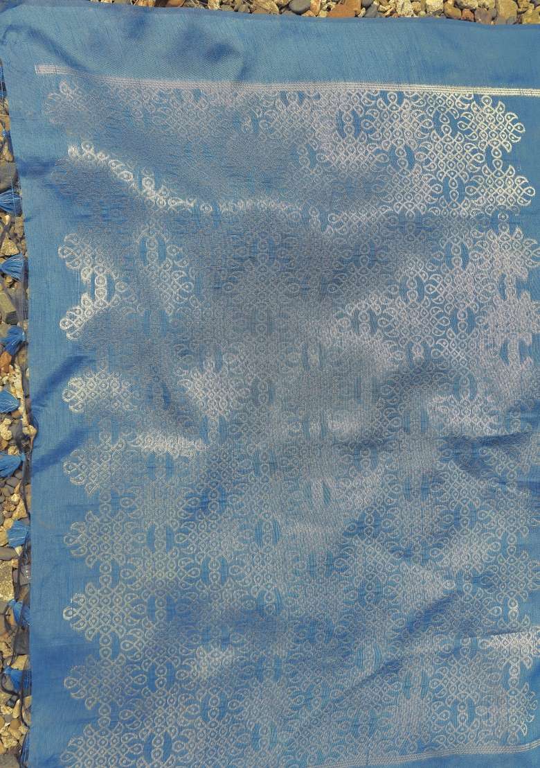 Teal Blue Printed Silk Saree Set - Indya