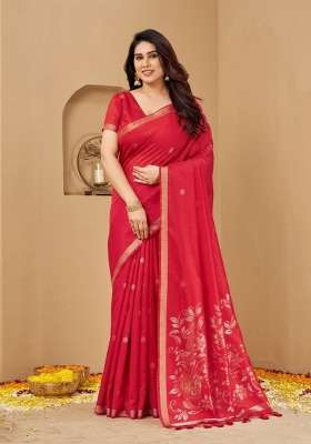 Red Printed Silk Saree Set