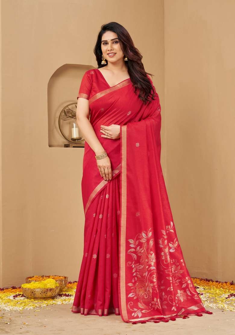 Red Printed Silk Saree Set - Indya